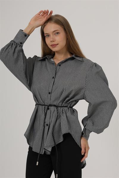 Simli Çizgili Kemerli Gömlek - Siyah