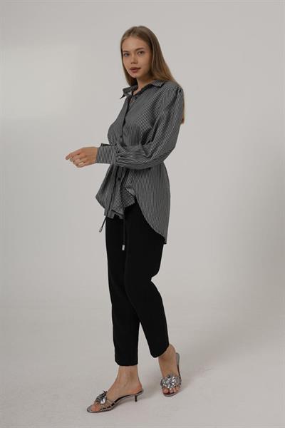 Simli Çizgili Kemerli Gömlek - Siyah
