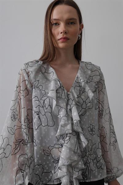 Simli Fırfırlı Gömlek - Gri