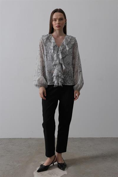 Simli Fırfırlı Gömlek - Gri