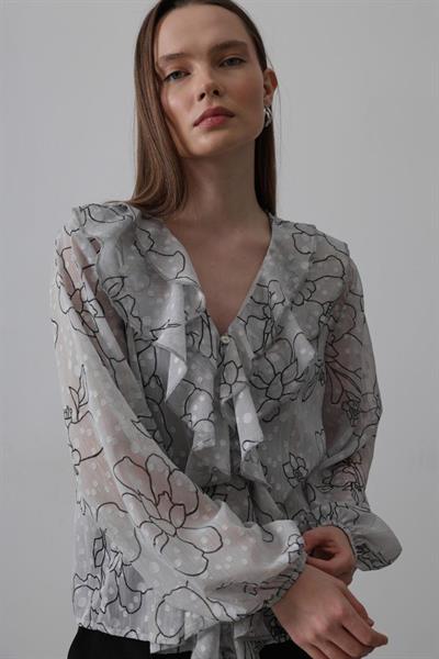 Simli Fırfırlı Gömlek - Gri