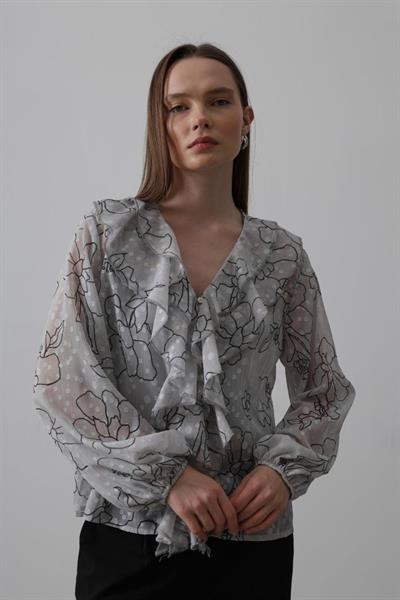 Simli Fırfırlı Gömlek - Gri