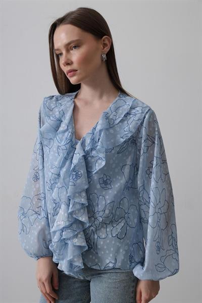 Simli Fırfırlı Gömlek - Mavi