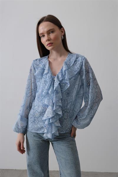 Simli Fırfırlı Gömlek - Mavi