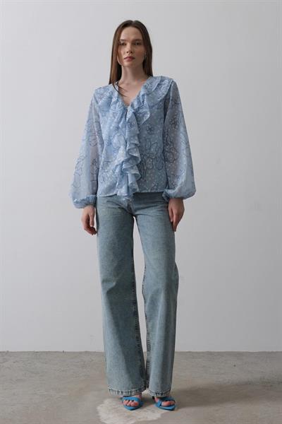 Simli Fırfırlı Gömlek - Mavi