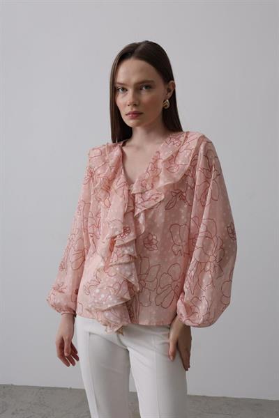 Simli Fırfırlı Gömlek - Somon