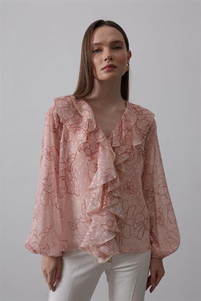 Simli Fırfırlı Gömlek - Somon