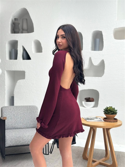 Sırt Pencereli Mini Triko Elbise - Bordo