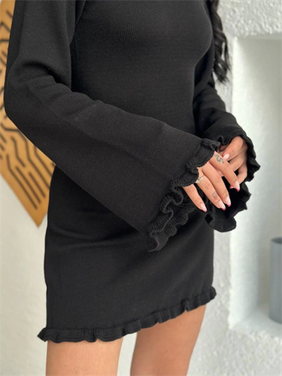 Sırt Pencereli Mini Triko Elbise - Siyah