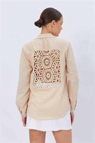 Sırtı Kroşeli Keten Gömlek - Taş