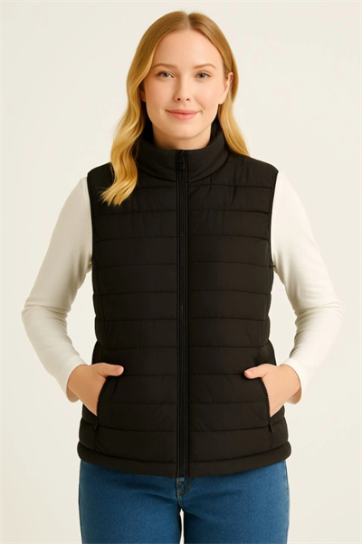 Şişme Fermuarlı Yelek Su Itici Kapitone Astarlı Kumaş Cepli Hafif Kışlık Spor Rahat Kalıp - Siyah