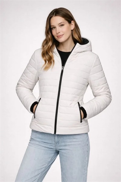 Şişme Kapüşonlu Fermuarlı Mont Su Itici Kapitone Astarlı Kumaş Cepli Kışlık Rahat Kalıp - Krem