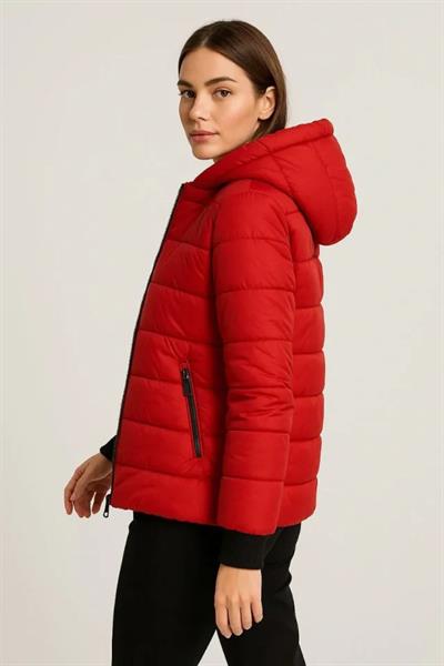 Şişme Kapüşonlu Fermuarlı Mont Su Itici Kapitone Astarlı Kumaş Cepli Kışlık Rahat Kalıp - Kırmızı