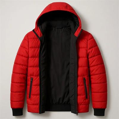 Şişme Kapüşonlu Fermuarlı Mont Su Itici Kapitone Astarlı Kumaş Cepli Kışlık Rahat Kalıp - Kırmızı
