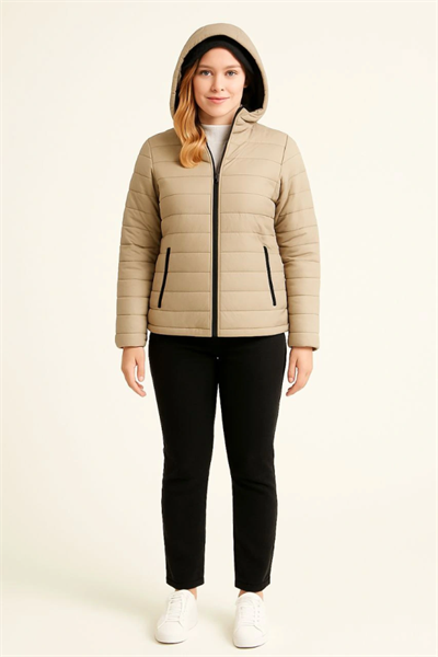 Şişme Kapüşonlu Fermuarlı Mont Su Itici Kapitone Astarlı Kumaş Cepli Kışlık Rahat Kalıp - Bej