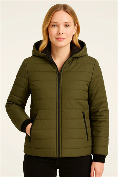 Şişme Kapüşonlu Fermuarlı Mont Su Itici Kapitone Astarlı Kumaş Cepli Kışlık Rahat Kalıp - Haki