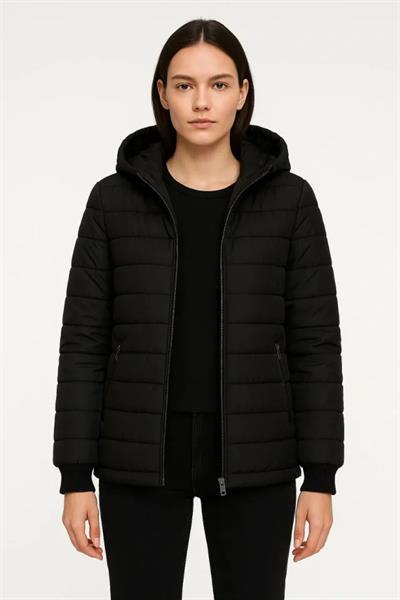 Şişme Kapüşonlu Fermuarlı Mont Su Itici Kapitone Astarlı Kumaş Cepli Kışlık Rahat Kalıp - Siyah