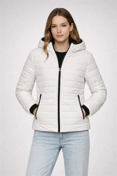 Şişme Kapüşonlu Fermuarlı Mont Su Itici Kapitone Astarlı Kumaş Cepli Kışlık Rahat Kalıp - Krem