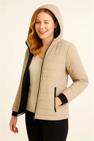 Şişme Kapüşonlu Fermuarlı Mont Su Itici Kapitone Astarlı Kumaş Cepli Kışlık Rahat Kalıp - Bej