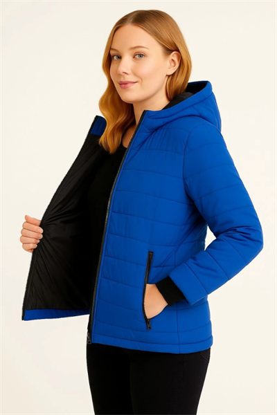 Şişme Kapüşonlu Fermuarlı Mont Su Itici Kapitone Astarlı Kumaş Cepli Kışlık Rahat Kalıp  - Saks Mavisi