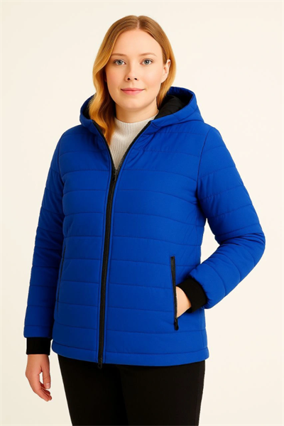 Şişme Kapüşonlu Fermuarlı Mont Su Itici Kapitone Astarlı Kumaş Cepli Kışlık Rahat Kalıp  - Saks Mavisi