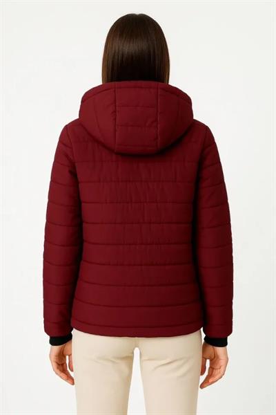 Şişme Kapüşonlu Fermuarlı Mont Su Itici Kapitone Astarlı Kumaş Cepli Kışlık Rahat Kalıp - Bordo