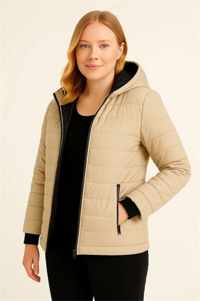 Şişme Kapüşonlu Fermuarlı Mont Su Itici Kapitone Astarlı Kumaş Cepli Kışlık Rahat Kalıp - Bej