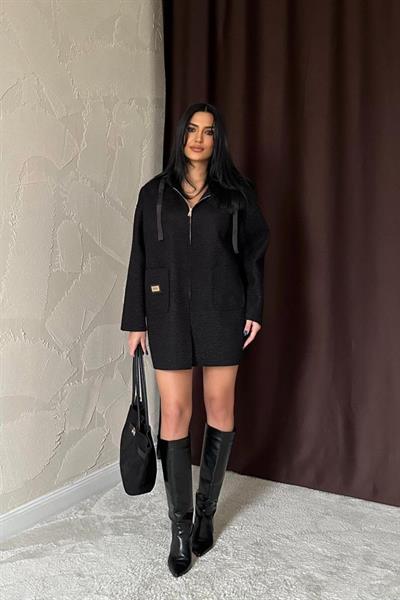 Siyah Armalı Kapşonlu Peluş Ceket