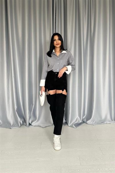 Siyah Askılı İki Parça Jeans Pantolon