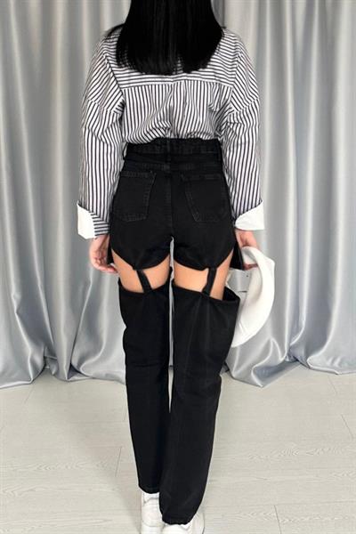 Siyah Askılı İki Parça Jeans Pantolon