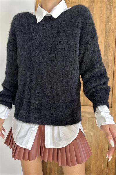 Siyah Baklava Desenli Triko Kazak