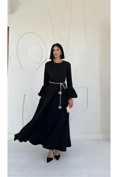 Siyah Balon Kollu Kuşaklı Elbise
