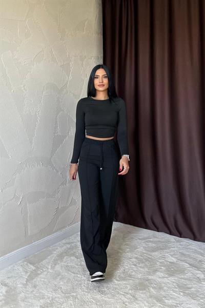 Siyah Bel Büzgülü Pantolon