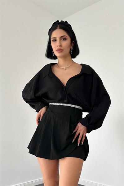 Siyah Beli Lastikli Etek Şort