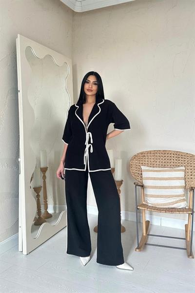 Siyah Biye Detaylı Keten Takım