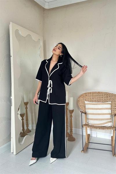 Siyah Biye Detaylı Keten Takım