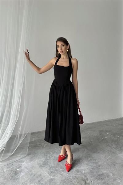 Siyah Boyundan Bağlamalı Keten Elbise