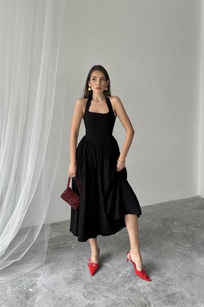 Siyah Boyundan Bağlamalı Keten Elbise