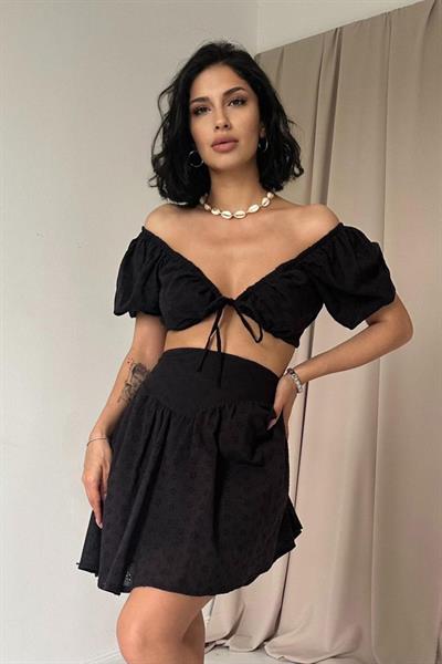 Siyah Brode Crop Ve Mini Etek Takım