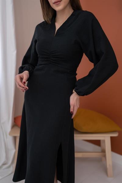 Siyah Büzgülü Krep Elbise