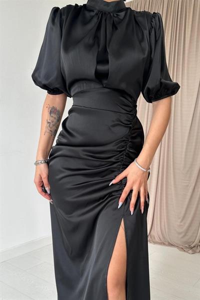 Siyah Büzgülü Saten Elbise