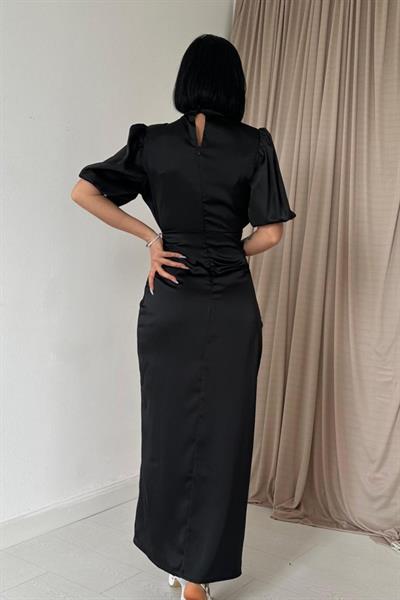 Siyah Büzgülü Saten Elbise
