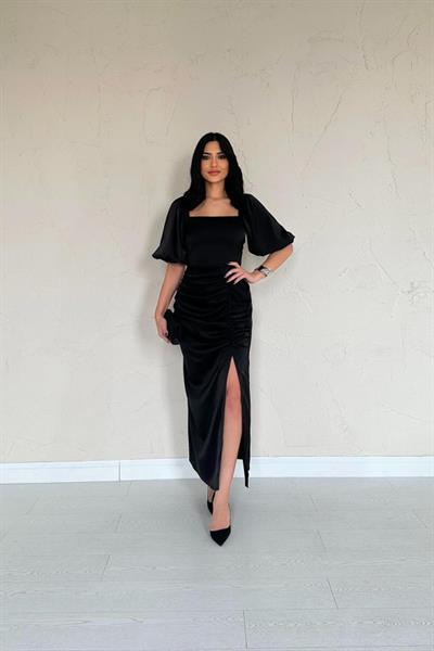 Siyah Büzgülü Saten Elbise