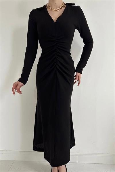 Siyah Büzgülü Triko Balık Elbise