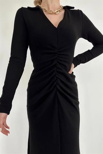 Siyah Büzgülü Triko Balık Elbise