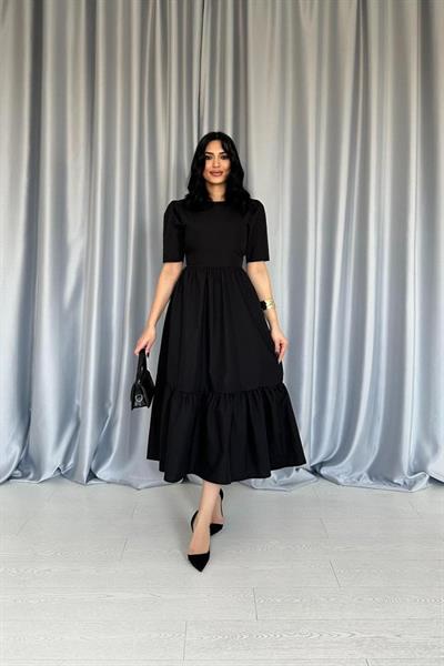 Siyah Büzgülü Uzun Elbise
