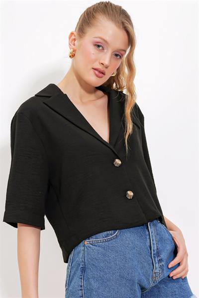 Siyah Çift Düğmeli Oversize Crop Keten Ceket 0706