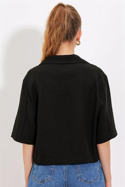 Siyah Çift Düğmeli Oversize Crop Keten Ceket 0706