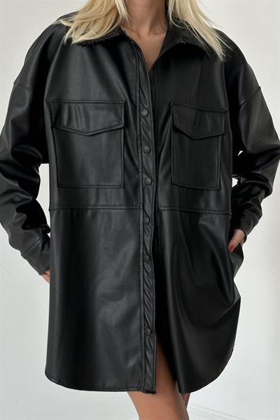 Siyah Çıtçıt Kapama Cepli Deri Ceket