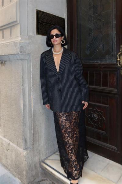 Siyah Çizgili Oversize Ceket